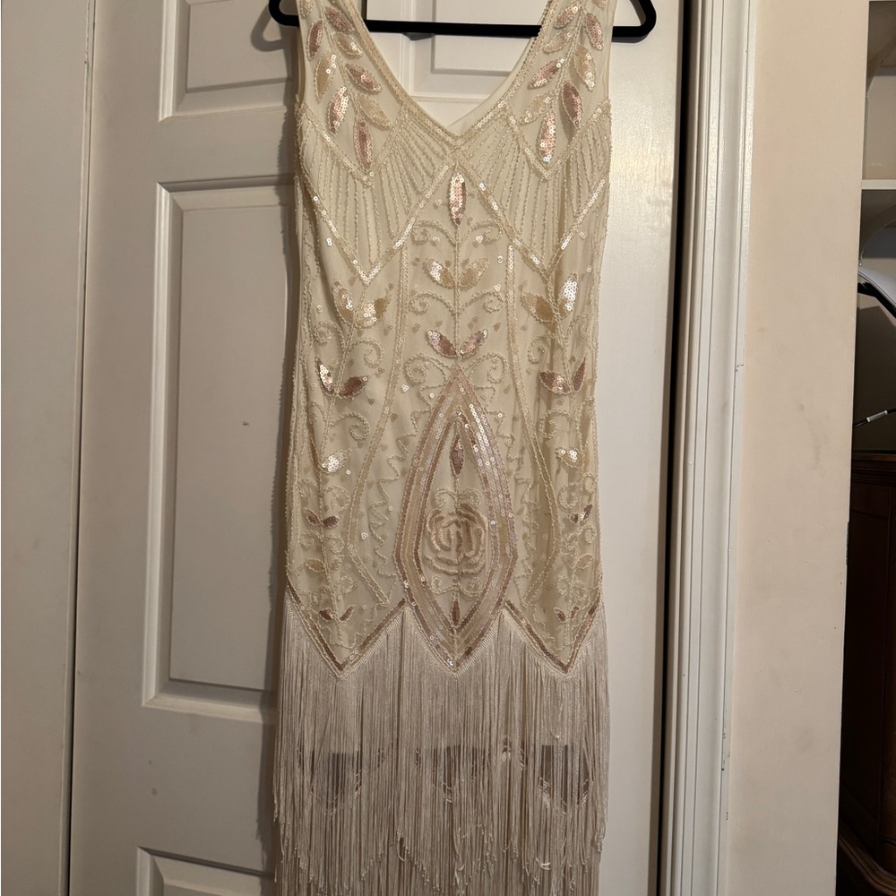 Elegant Cream Fringe Dress Beaded 1920s flapper